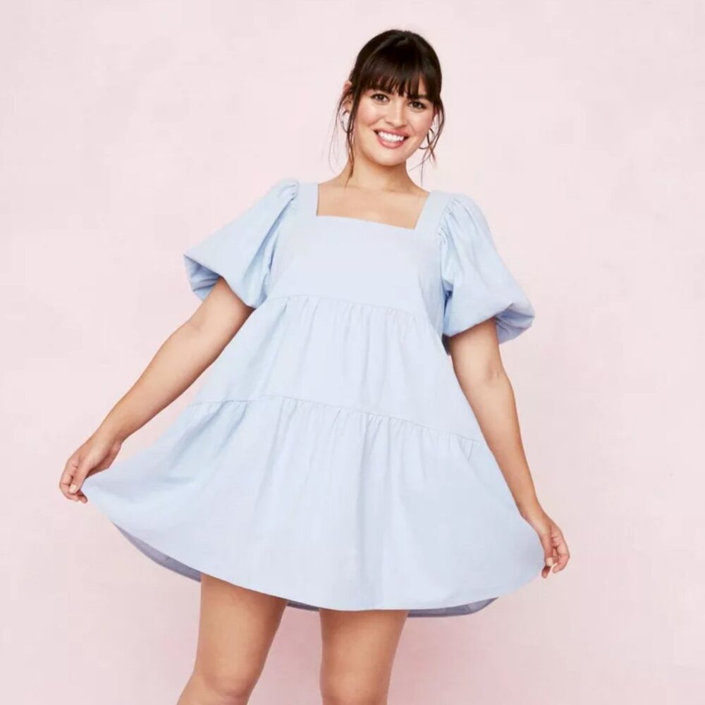 Light Blue Nasty Gal Puff Sleeve Square Neck Mini Dress Size 3X